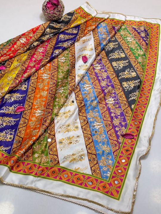*Alhamdulilla silk digital printed fancy shawl dupatta with pasting real mirror, marble and sitara  - 4 side border   Length 2.5 meters *_ Width 1.25 meters