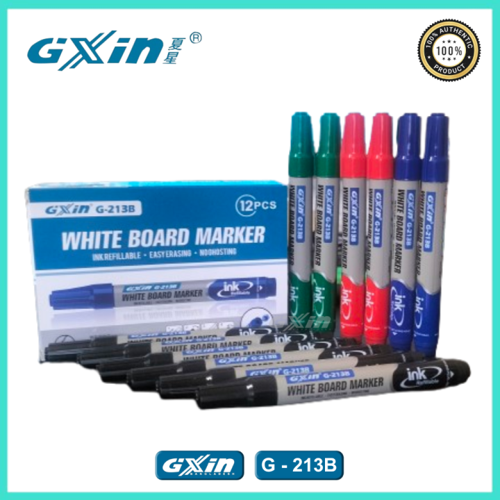 GXin G-213B Refillable Whiteboard Marker Black Red Blue Green - 12 Pieces - Great Value