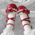 Women's Mary Janes Lolita Shoes Strawberry Bowknot Round Toe Heels Sweet Shoes Ankle Strap Pumps for Ladies.