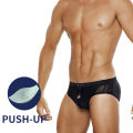 UXH Mens Bikini Swimwear With Push-Up  Bulge Enhancing Hollow Out Pure Black Translucent Swimming Briefs Hi-Q Quick-drying. 