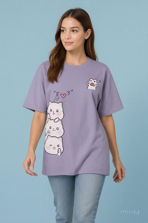 Purple 3 Cute Cats Beautiful Half Sleeves T Shirts For Girls & Women's Cotton Jersey Fabric For Summer Wear