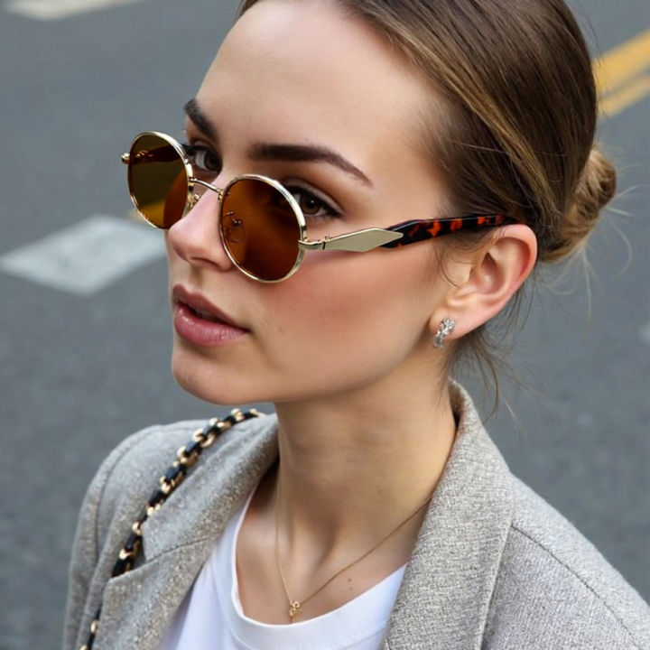 Cycling Female Small Oval Metal Sunglasses Casual Fashion Brand Eyewear Luxury Design Sun Glasses Punk Unisex Stylish Shades