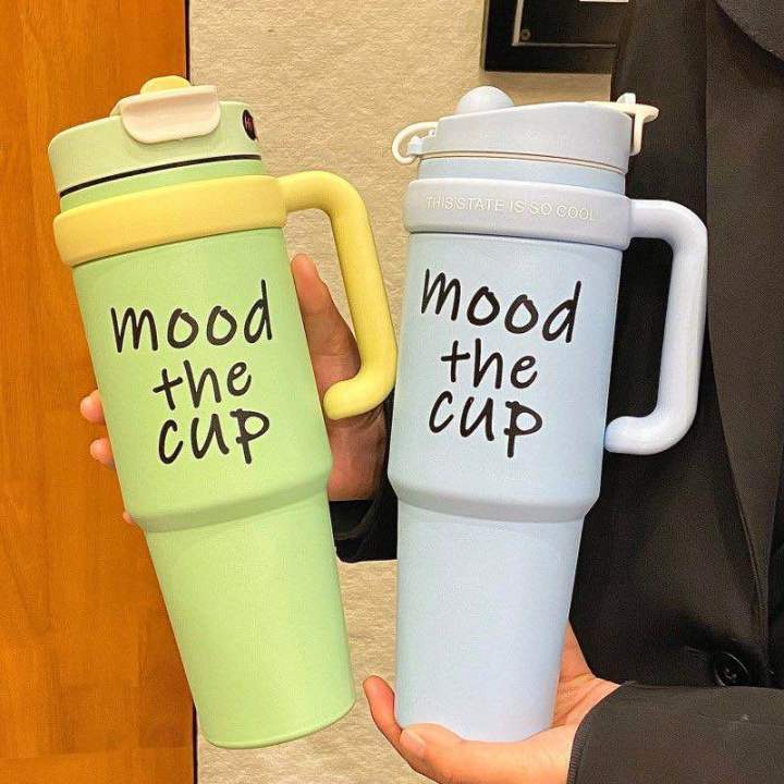 Bingba Mood Cup 1000ml+ Insulated Water Bottle with Handle & Straw | Leakproof Thermal Travel Mug | Hot & Cold Drink Cup