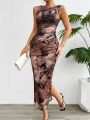 Women's 2024 Spring Summer New Fashionable Printed Round Neck Style Slimming Sleeveless Tight Dress With Split Bottom. 
