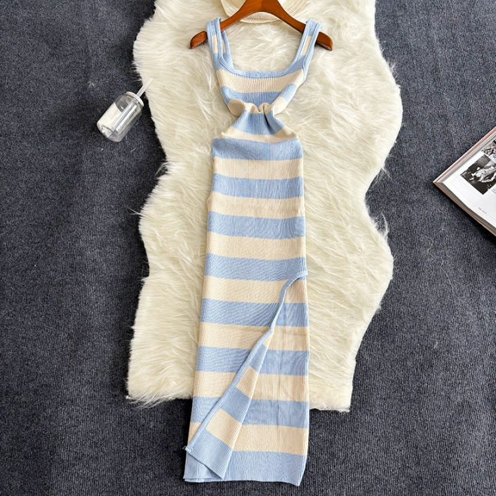 2024%20Stripe%20Summer%20Elastic%20Split%20Bodycon%20Dress%20%20Beach%20Vacation%20Sundress%20Women%20Casual%20Slim%20Pencil%20Vestidos%20Maxi%20Long%20Dress%20-%20Image%202