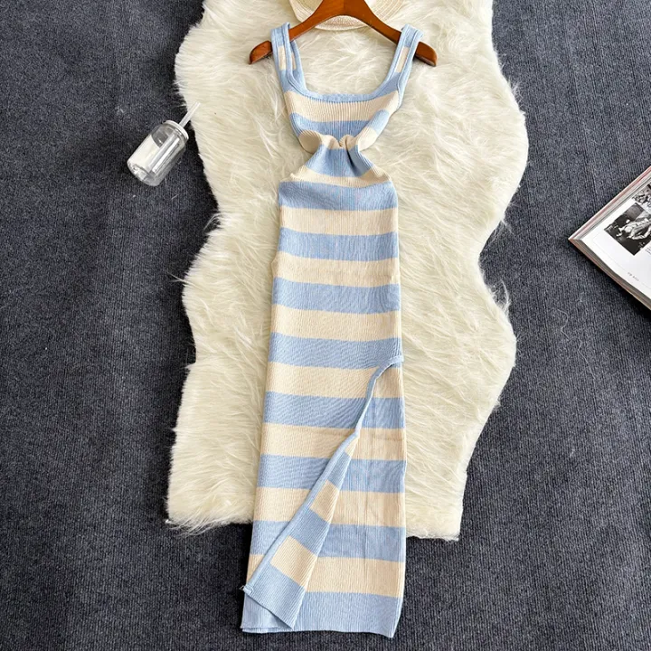 2024%20Stripe%20Summer%20Elastic%20Split%20Bodycon%20Dress%20%20Beach%20Vacation%20Sundress%20Women%20Casual%20Slim%20Pencil%20Vestidos%20Maxi%20Long%20Dress%20-%20Image%202