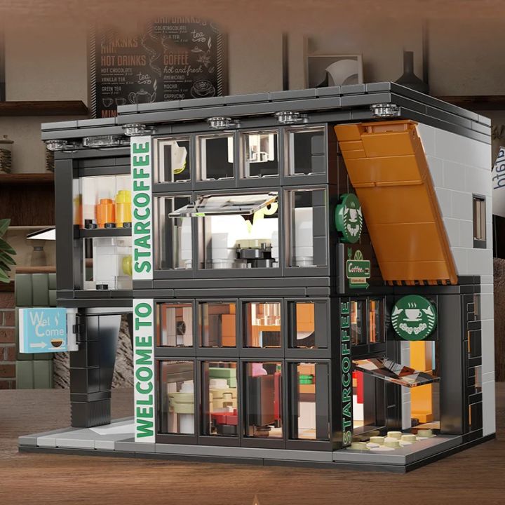 Coffee Shop City House Building Blocks Set for Adults, City Street View Construction Toy with Light, Christmas Kid Boy Girl 