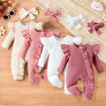 2PCS Autumn New Style 0-1 Year Old Girl Baby Sweet And Cute Solid Color Flying Sleeve Waffle Long-Sleeved Jumpsuit + Hair Band. 