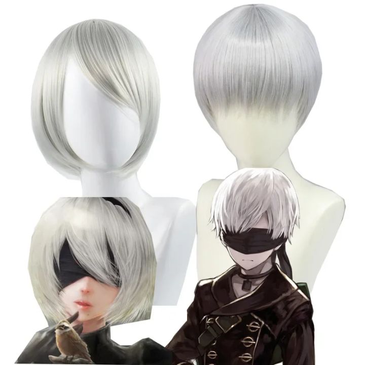 NieR:%20Automata%202B%209S%20Anime%20Cos%20Wig%20Silver%20Grey%20Short%20Straight%20Cosplay%20Synthetic%20Wig%20YoRHa%20No.9%20Model%20S%20Wig%20-%20Image%203
