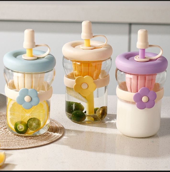 Flower Glass Cup ๐ธ โ 500ml Cute Coffee & Juice Bottle with Lid ...
