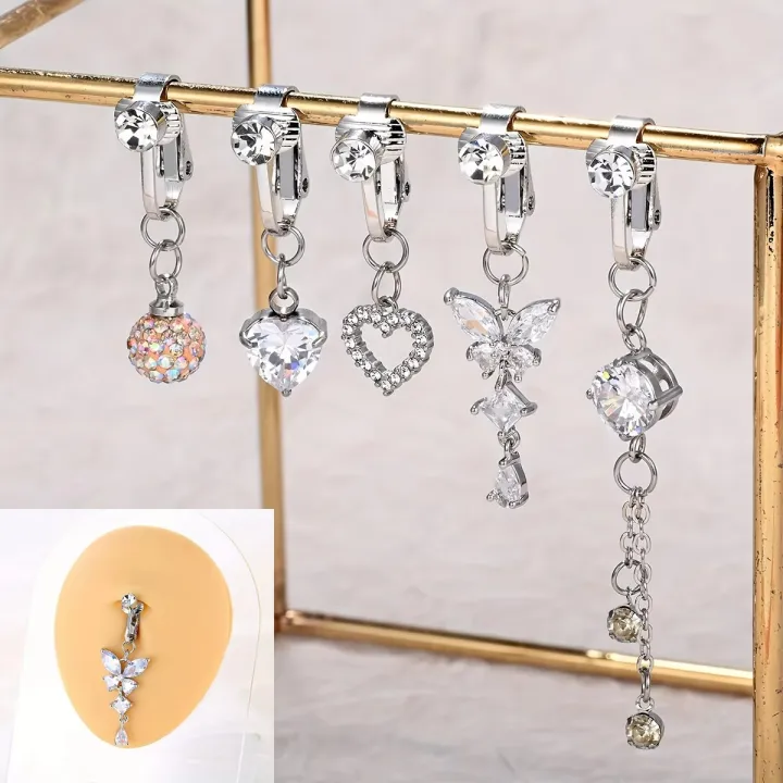5Pcs%20Rhinestone%20Heart%20Butterfly%20Dangle%20Non%20Piercing%20Stainless%20Steel%20Navel%20Clips,Fake%20Belly%20Button%20Rings,%20%20Navel%20Jewelry%20For%20Men%20-%20Image%204