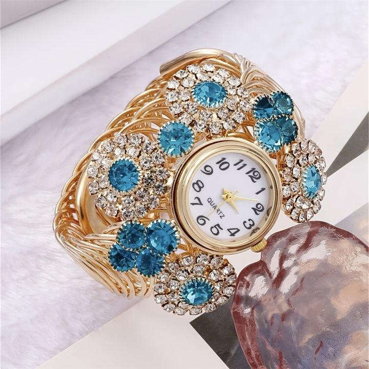 Rhinestone Flower Decor Quartz Bracelet Watch Boho Analog Cuff Bangle Dress Watch, Gift For Mother's Day Valentine's Day