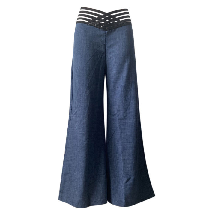 Women%20Flared%20Pants%20Elegant%20Office%20Lady%20Casual%20High%20Waist%20Trousers%20Spring%20Summer%20Solid%20Crisscross%20Sheer%20Mesh%20Patch%20Wide%20Leg%20Pant%20-%20Image%207