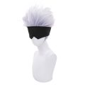 Black Blindfold + Short Wavy Cosplay Wig Light Purple Mix Silver Wig for Anime Heat Resistant Hair Wig for Men Boys. 