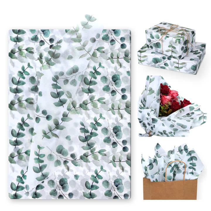 30/10pcs Eucalyptus & Snow Pear Tissue Paper, 35x50 cm - Green Leaf Design for Wrapping, Party Favors, Birthdays, Weddings