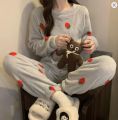 Winter Flannel Two-piece Loose Casual New O-neck Striped Coral Fleece Top Elastic Waist Pants sets Women's Pajamas Set Sleepwear.