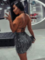 Kliou Tassel Patchwork Shiny Mini Dress Women Halter Bandage Stunning Backless Sleeveless Skinny Vestido Female Party Clubwear.