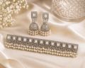 Silver Plated Pearl Jhumka Jewelry Set for Women – Bridal Traditional Choker Set with Earrings & Tikka | Wedding Party Wear. 