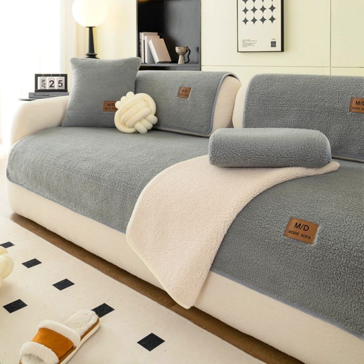 Solid Sherpa Anti-Slip Sofa Cover with PU Label Decor for Living Room Coush Seat Cover, Universal Sofa Slipcover Furniture Towel
