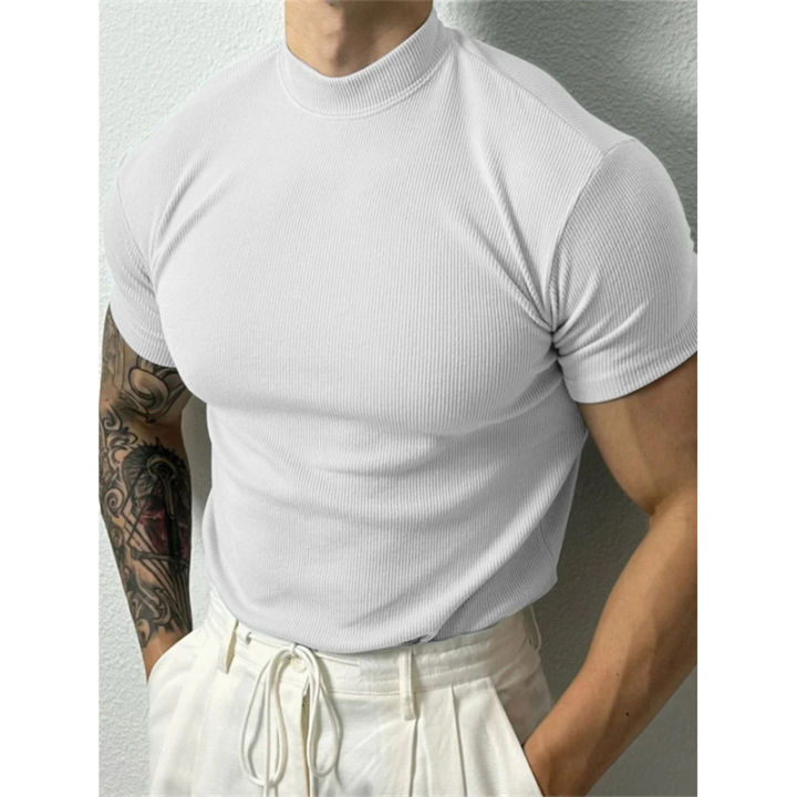 Spring%20Summer%20Elastic%20Men's%20T-Shirt%20Small%20High%20Collar%20Stripe%20Shirt%20Short%20Sleeve%20Fitness%20Top%20Leisure%20Sport%20T-Shirt%20Men%20Sportswear%20-%20Image%205