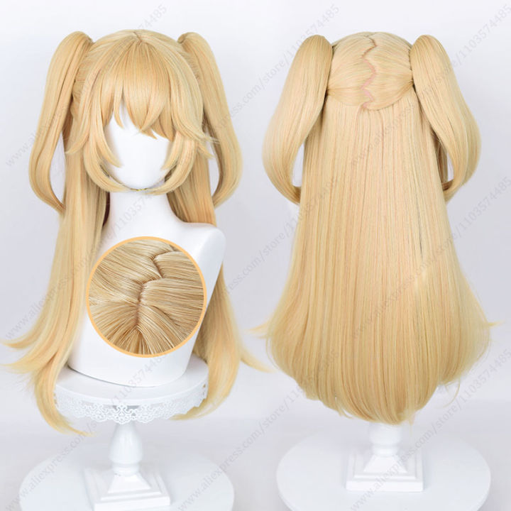 Fischl Cosplay Wig 65cm Long Golden Scalp Wigs with Ponytails Heat Resistant Synthetic Hair