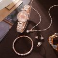 6pcs Jewelry Set Rose Gold Luxury Watch Women Ring Necklace Earring Rhinestone Fashion Wristwatch Casual Ladies Watches. 