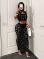 FHSEER Plus Size 2PCS Women's Set See Through Mesh Hollow Out Crop Tank & High Waist Bodycon Mini Skirt Stretechy Clubwear.