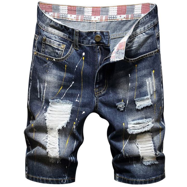 Plus%20Size%207XL%206XL%20Men's%20Summer%20Ripped%20Denim%20Shorts,%20Loose%20Straight-Cut,%20Painted%20Style,%20Fashionable%20Trendy%20Denim%20Cropped%20Pants%20-%20Image%203
