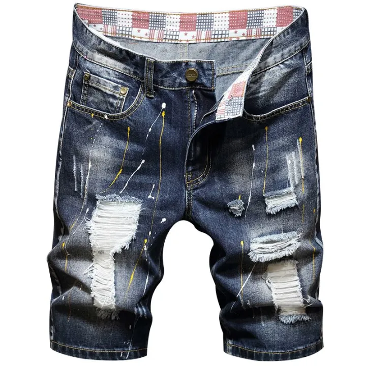 Plus%20Size%207XL%206XL%20Men's%20Summer%20Ripped%20Denim%20Shorts,%20Loose%20Straight-Cut,%20Painted%20Style,%20Fashionable%20Trendy%20Denim%20Cropped%20Pants%20-%20Image%203