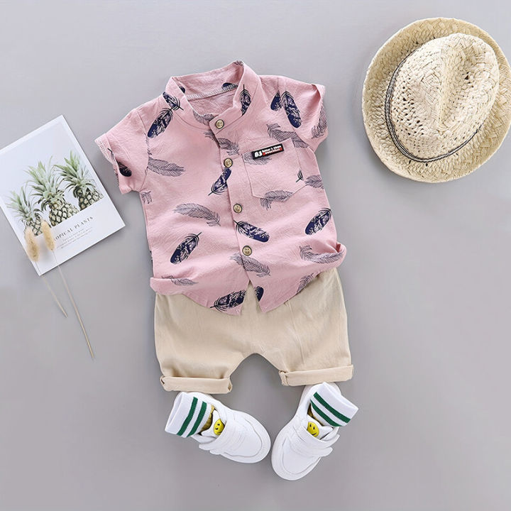 2PCS Baby Set Summer Cartoon Small Leaves Random Print Standing Neck Shirt Short Sleeve Shorts Set Christmas Gift ideas