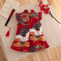 Baby Cheongsam Summer Chinese Style Print Fly Sleeve Cotton Red Qipao Toddler Girl Dress 0-2 Years.