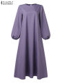ZANZEA Muslim Women Summer Abaya Sundress Solid Islamic Clothing Marocain Vestido Robe Femme Fashion Long Sleeve Kaftan Dress.