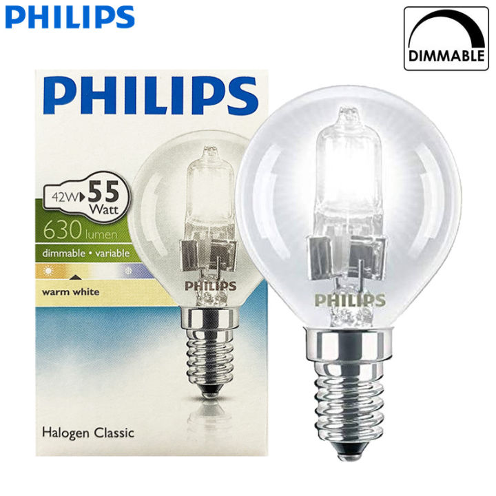 Philips 42W E14 Edison Screw Halogen Classic P45 Golf Ball Bulb Standard Lamp, Eqv to: 55 W, 220-240V Dimmable White Light, 1x