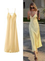 HH Women Summer Yellow Stain V Neck Sling Dress Elegant Sleeveless Loose Maxi Robes 2025 New Ladies Party Holiday Dresses. 