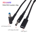 Type C to 4.5x3.0mm Plug Converter 100W USB C PD Fast Charging Cable for HP / Dell Laptop Charger DC 4.5*3.0. 