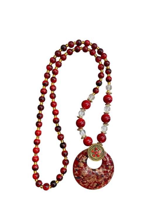 Saru Handicraft / Long Crystal Jewel On Red / Pendant Mala For Female On Red