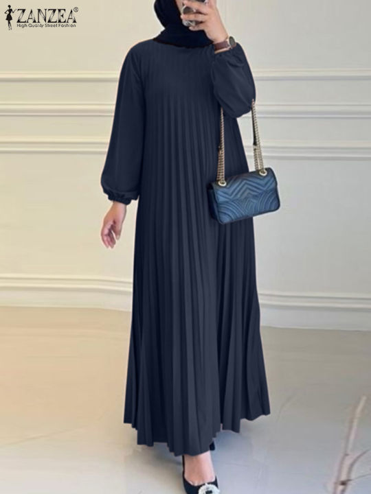 2025%20ZANZEA%20Autumn%20Elegant%20Dresses%20Women%20O%20Neck%20Long%20Sleeve%20Sundress%20Muslim%20Dubai%20Abaya%20Robe%20Femme%20Solid%20Pleated%20Maxi%20Vestidos%20-%20Image%205