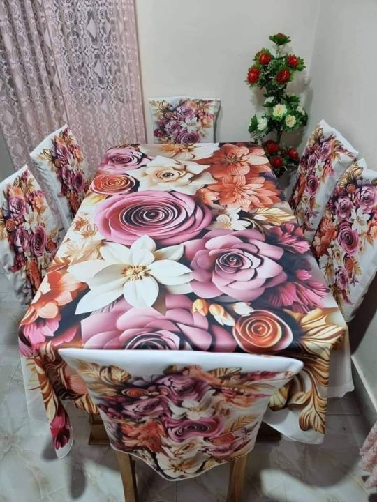 Digital 3D Print Dining Table Cloth Runner And 06 Chair Cover Full Set - Digital 3D Print Table Cloth And Chair Cover Set