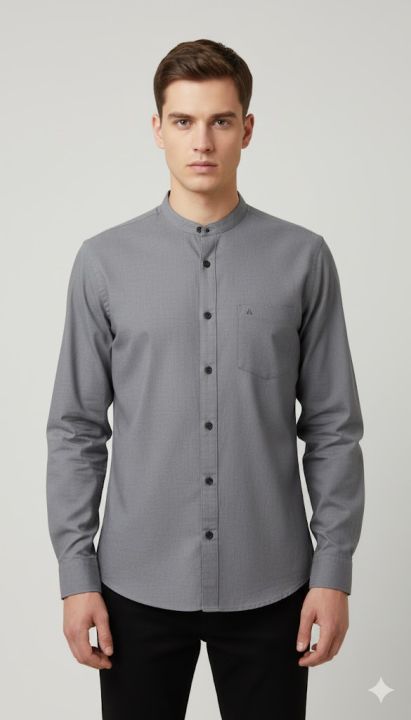 Anationz – Linen Cotton Chinese Collar Shirt – Light Grey