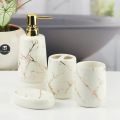 Ceramic Premium Bathroom Set of 4 Pcs - Soap Dispenser, Beaker/Tumbler, Soap Dish, Brush Holder for Washroom Décor and Home Gift Set Fine Porcelain in Self Gold Design (Pearl White). 