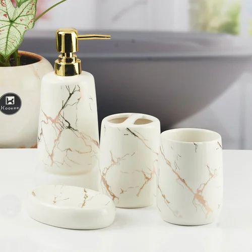 Ceramic Premium Bathroom Set of 4 Pcs - Soap Dispenser, Beaker/Tumbler, Soap Dish, Brush Holder for Washroom Décor and Home Gift Set Fine Porcelain in Self Gold Design (Pearl White)