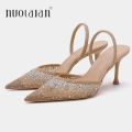 New Summer Women's Sandals Rhinestone Bright Mesh High Heels Footwear Elegant Slingback Pointed Slip on Party Lady Pumps Shoes. 