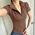 Summer High Quality Waist Slimming Training Tops Women's Quick-drying Tight Stand Collar Full Zipper Short Sleeves Yoga Shirts. 