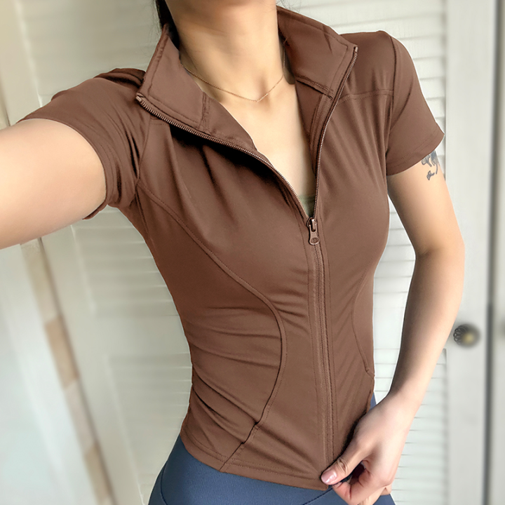 Summer%20High%20Quality%20Waist%20Slimming%20Training%20Tops%20Women's%20Quick-drying%20Tight%20Stand%20Collar%20Full%20Zipper%20Short%20Sleeves%20Yoga%20Shirts%20-%20Image%206