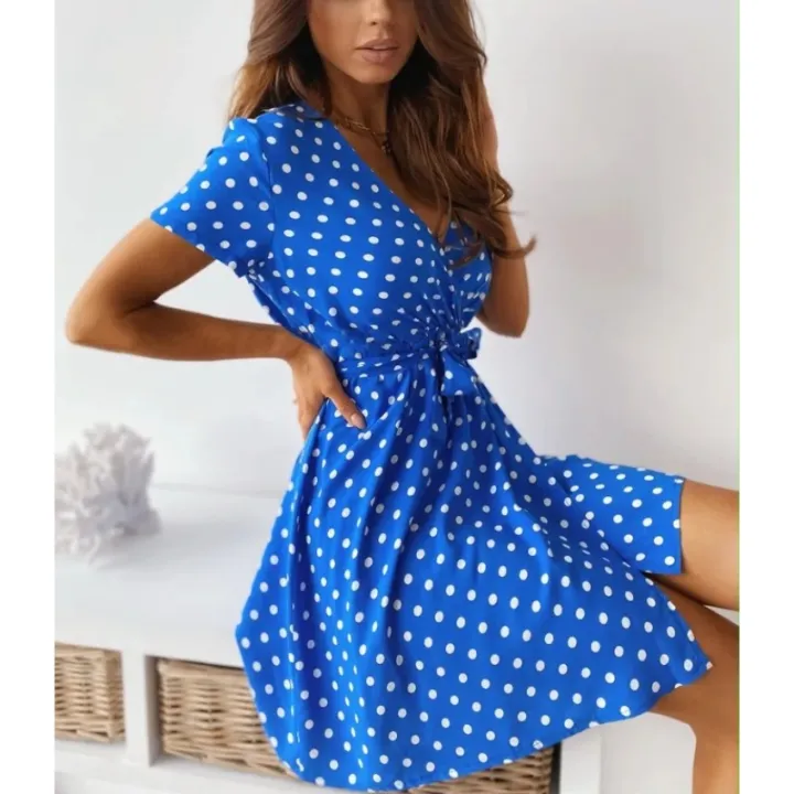 Summer%20Women's%20Polka%20Dot%20Printed%20Short%20Sleeved%20Casual%20Dress%20Fashionable%20V-neck%20Belt%20Commuting%20Dress%20Holiday%20Party%20Women's%20Dress%20-%20Image%202