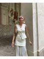 TRAF Women Knitted Sets Loose Skirt Set 2 Pieces 2024 Summer Button V-neck Vest Top Ankle-Length Skirt Lady Street Outfit. 