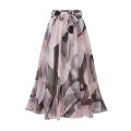 2024 Summer Print Floral Skirts For Women Casual Loose Elastic Waist Plus Size Skirt Belt A-line Chiffon Beach Saias Midi Femme.