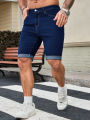 Men's Dark Blue Denim Shorts, Straight Fit Rolled Hem Jean Shorts. 