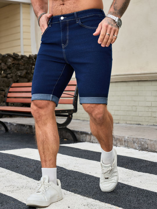 Men's Dark Blue Denim Shorts, Straight Fit Rolled Hem Jean Shorts
