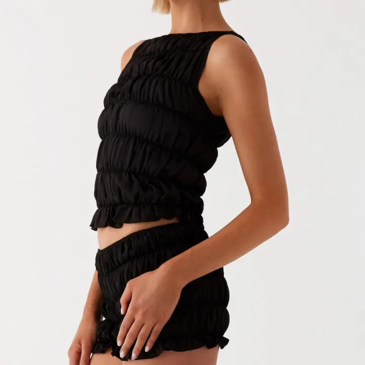 Women%20Summer%20O-neck%20Folds%20Tank%20Tops+Shorts%20Suit%20Sleeveless%20Slim%20Solid%20Tees%20Ruched%20Shorts%20Beach%20Style%20Fashion%202pcs%20Sets%20Outfits%20-%20Image%204